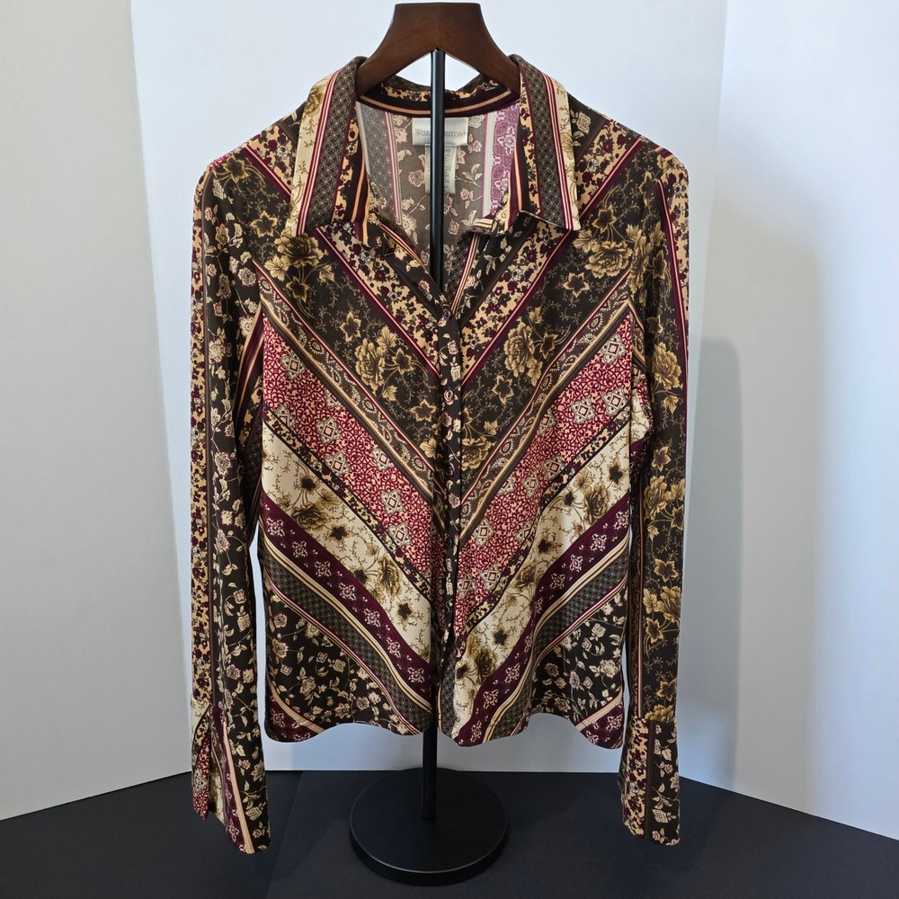 Worthington Floral Print Blouse Long Sleeve Button‎ Up Top Brown Large